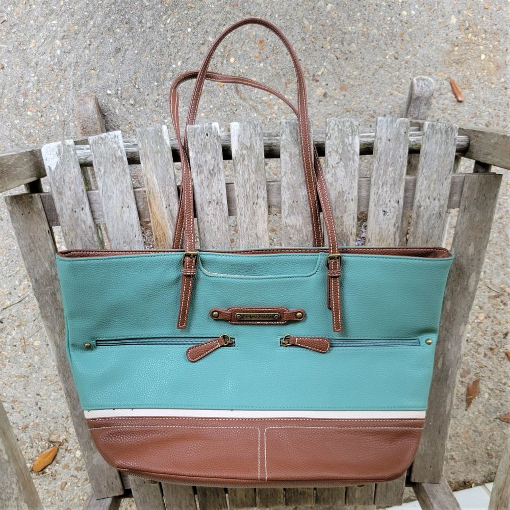 STONE MOUNTAIN Vegan Teal Brown Shopper Tote Bag